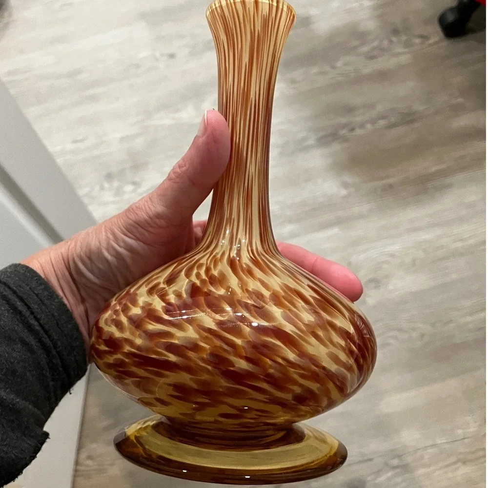 Vintage Italian Art Glass Vase - Amber Tortoise Swirl, White Cristal Style 7.5